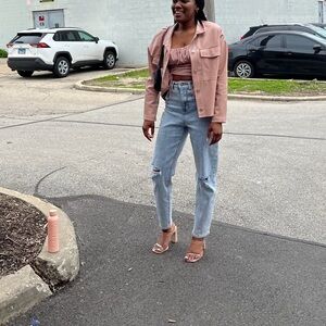 T Tahari Mauve Faux Leather Cropped Jacket. Blush Jacket